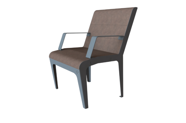 Fauteuil ergonomique marron et gris, une structure en acier galvanisé et une assise constituée de lames composées de chanvre et de composite